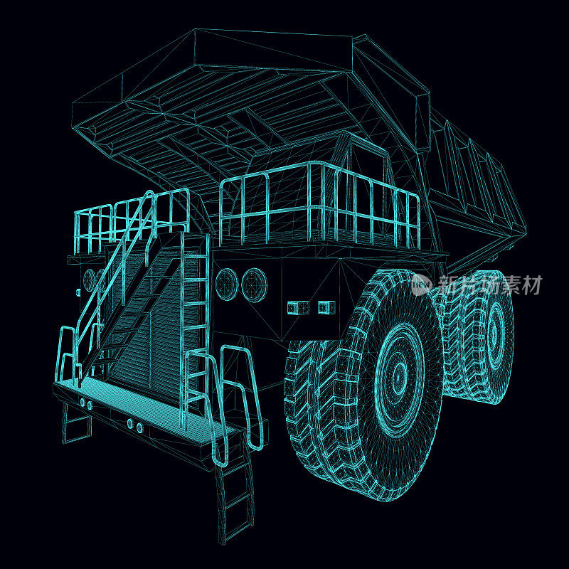 一辆用于运输的大型自卸车的线框图，由黑色背景上孤立的蓝色线组成。透视图。3 d。矢量插图。